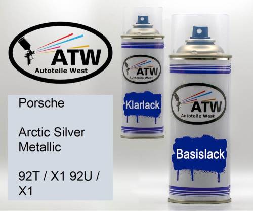 Porsche, Arctic Silver Metallic, 92T / X1 92U / X1: 400ml Sprühdose + 400ml Klarlack - Set, von ATW Autoteile West.